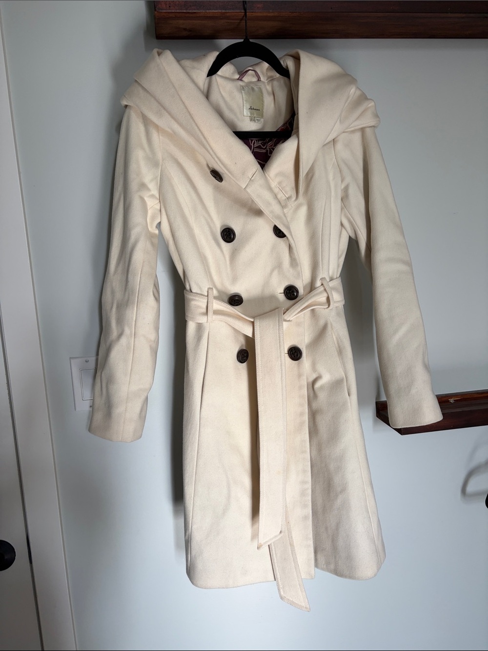 elevenses Anthropology Cream Double-Breasted Hooded Belted Trench Coat